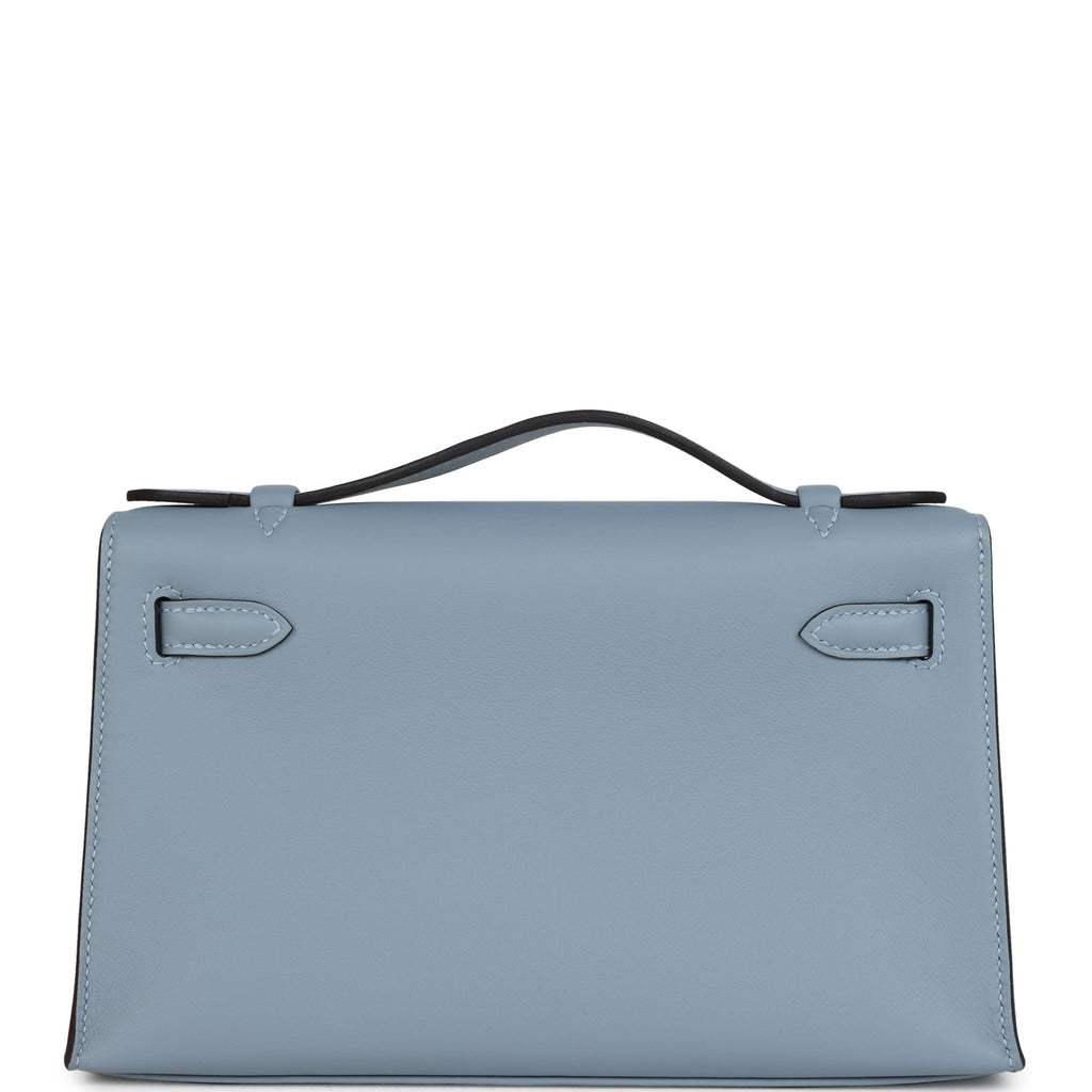 Hermes Kelly Pochette Bleu Lin Swift Palladium Hardware