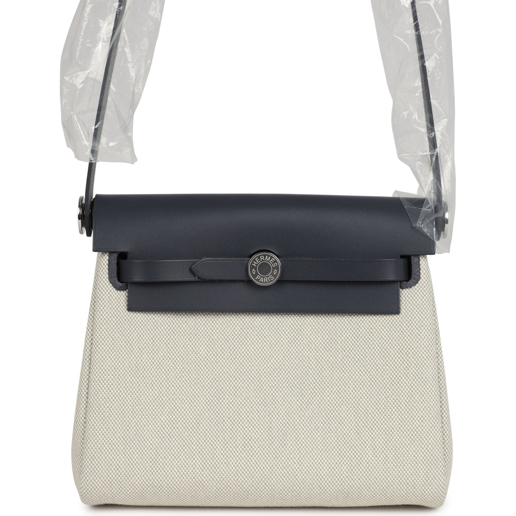 Hermes Herbag Zip 20 Mini Ecru and Bleu Glacier Toile H Canvas and Ardoise Vache Hunter Palladium Hardware
