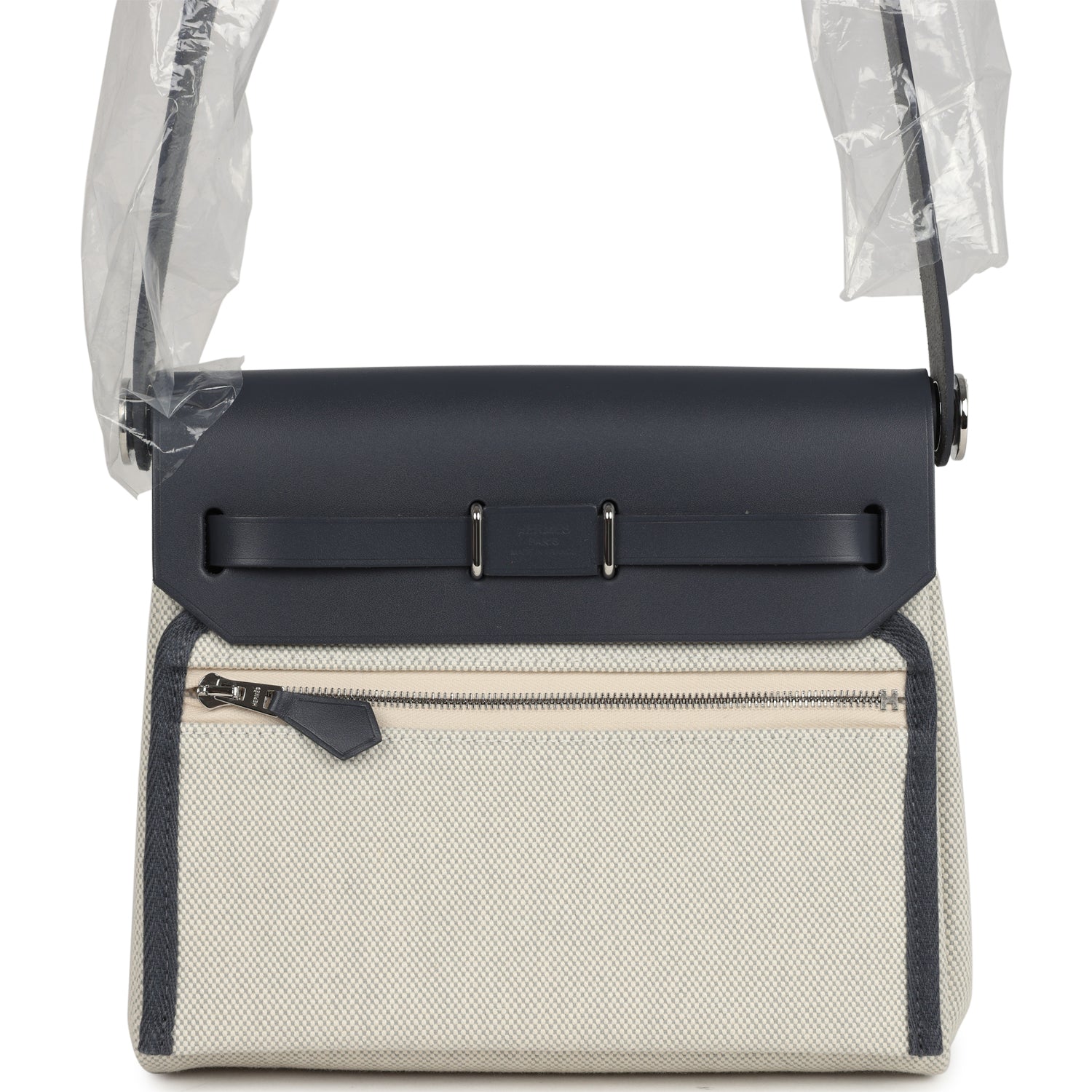 Hermes Herbag Zip 20 Mini Ecru and Bleu Glacier Toile H Canvas and Ardoise Vache Hunter Palladium Hardware