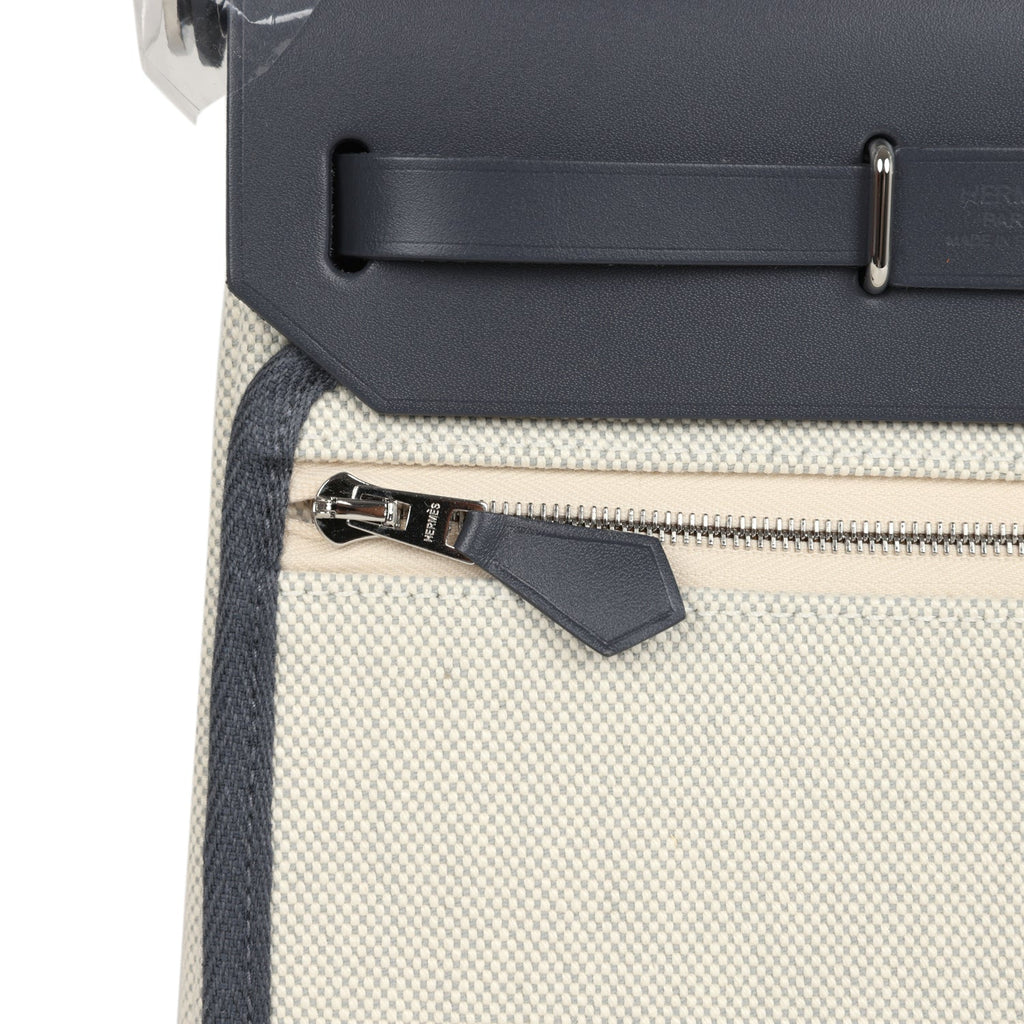 Hermes Herbag Zip 20 Mini Ecru and Bleu Glacier Toile H Canvas and Ardoise Vache Hunter Palladium Hardware