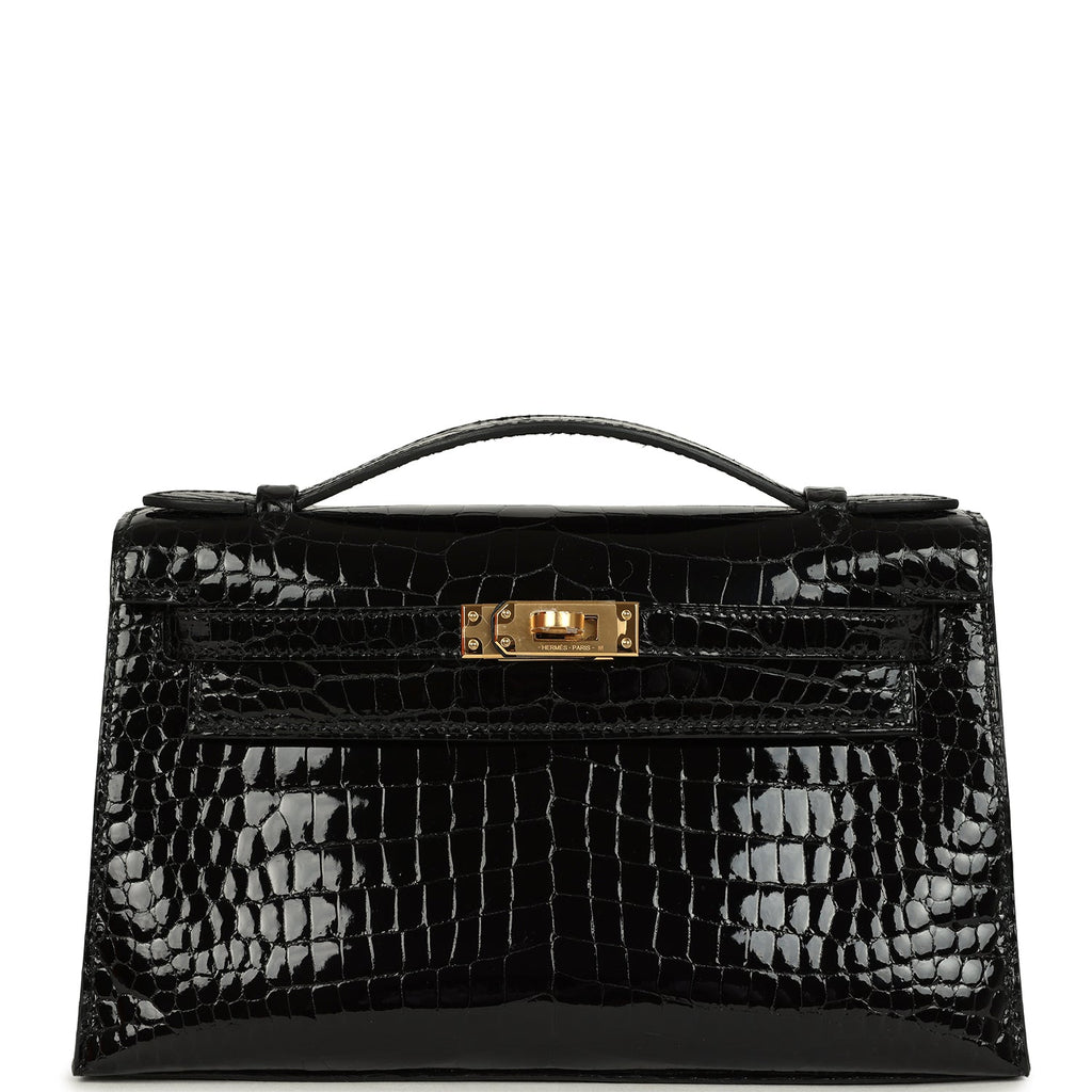 Hermes Kelly Pochette Black Shiny Porosus Crocodile Gold Hardware