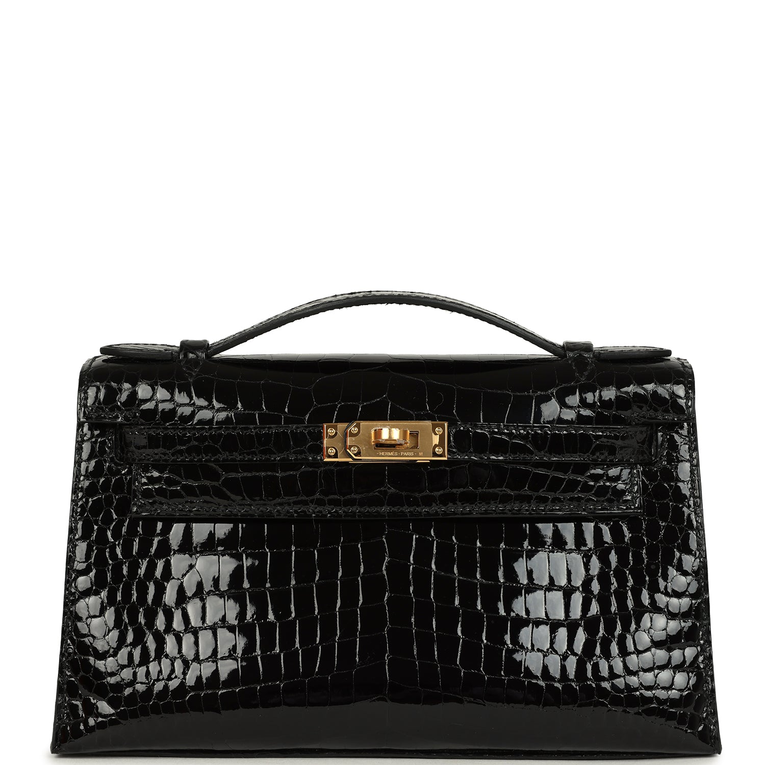Hermes Kelly Pochette Black Shiny Porosus Crocodile Gold Hardware