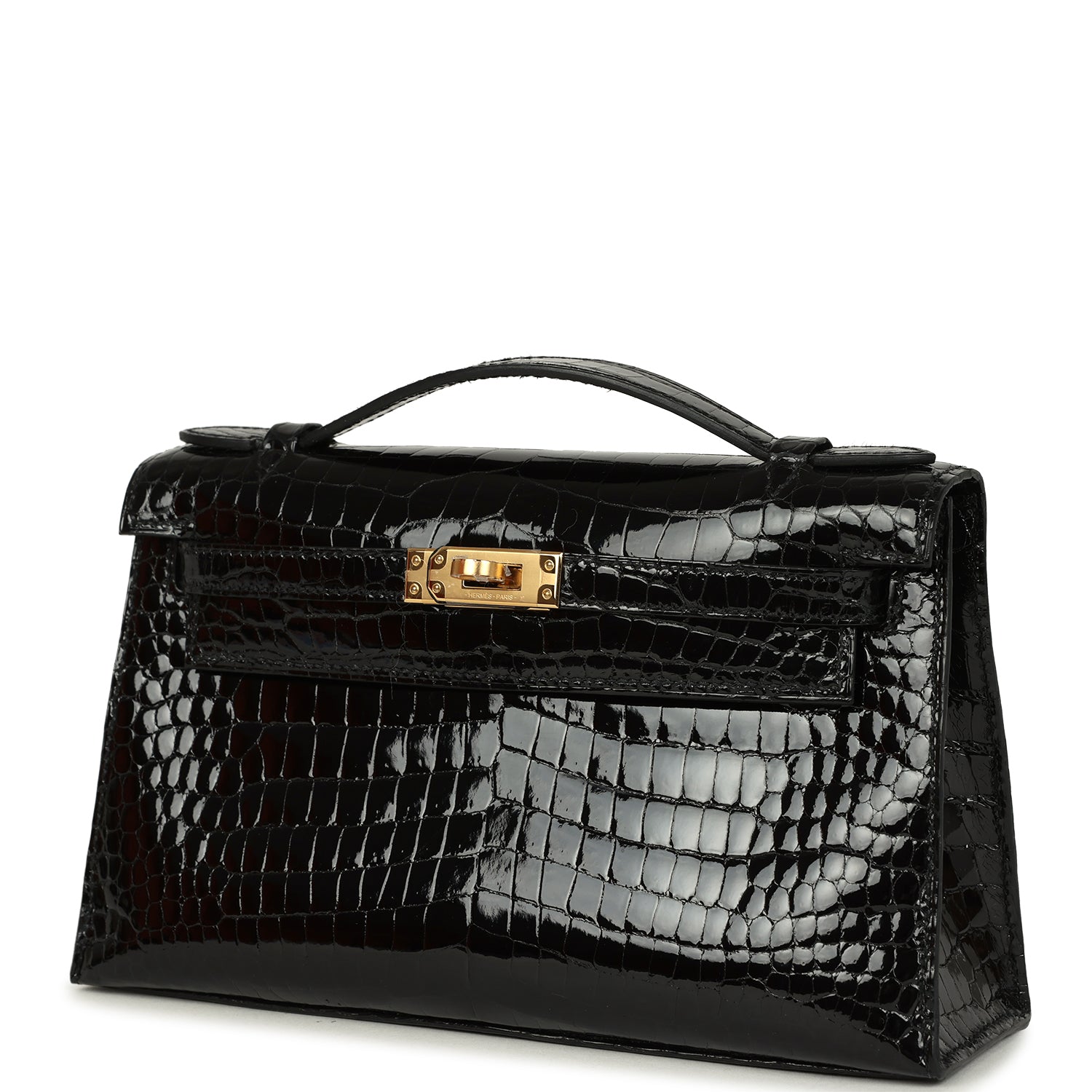 Hermes Kelly Pochette Black Shiny Porosus Crocodile Gold Hardware