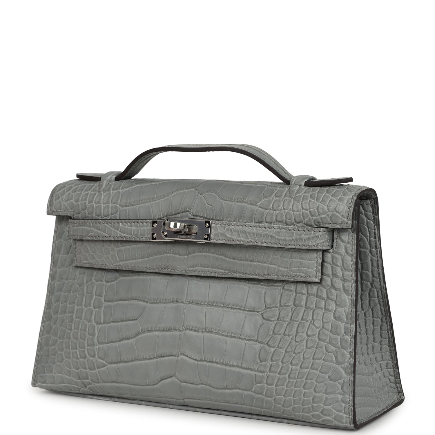 Hermes Kelly Pochette Gris Ciment Matte Alligator Palladium Hardware