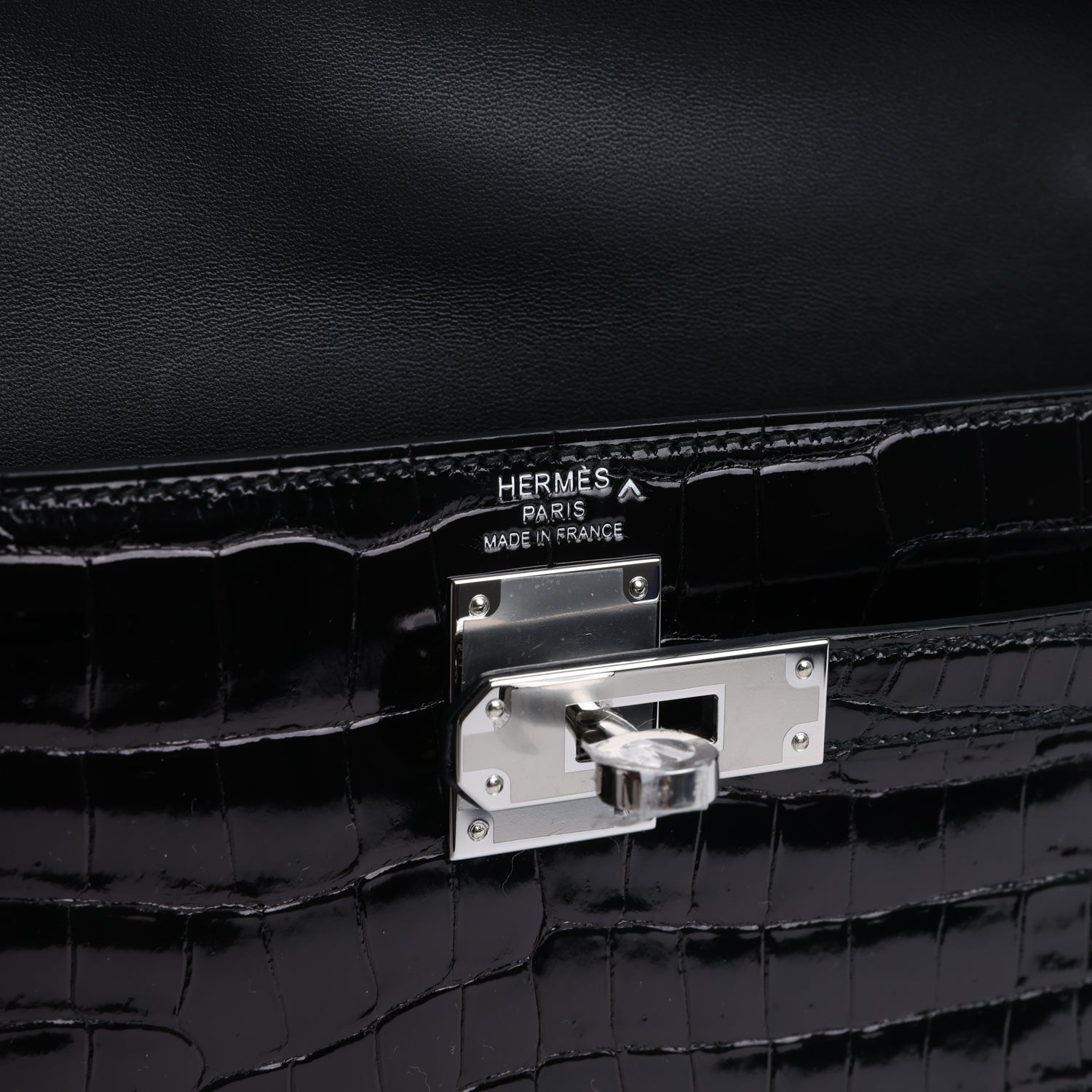 Hermes Kelly Elan Black Shiny Porosus Crocodile Palladium Hardware