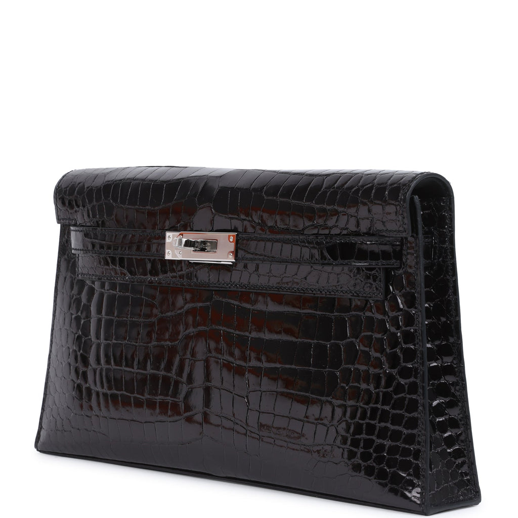 Hermes Kelly Elan Black Shiny Porosus Crocodile Palladium Hardware