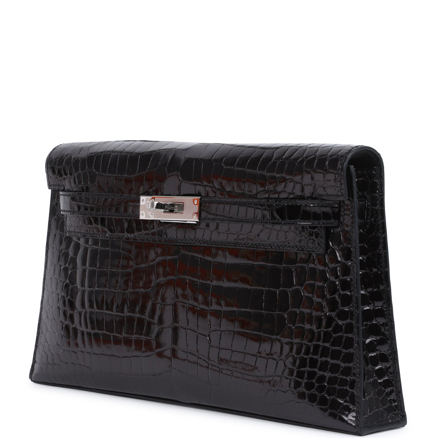 Hermes Kelly Elan Black Shiny Porosus Crocodile Palladium Hardware