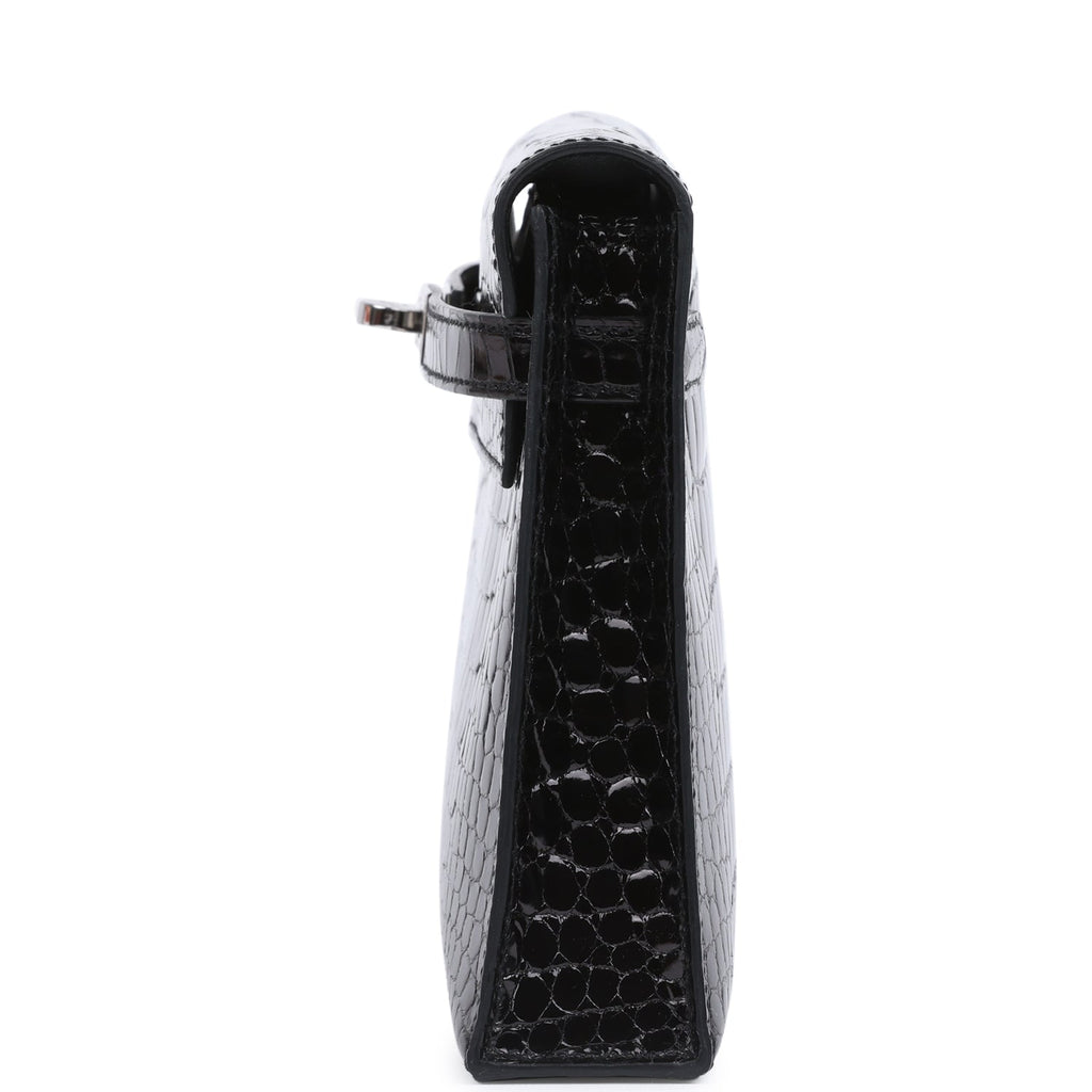 Hermes Kelly Elan Black Shiny Porosus Crocodile Palladium Hardware