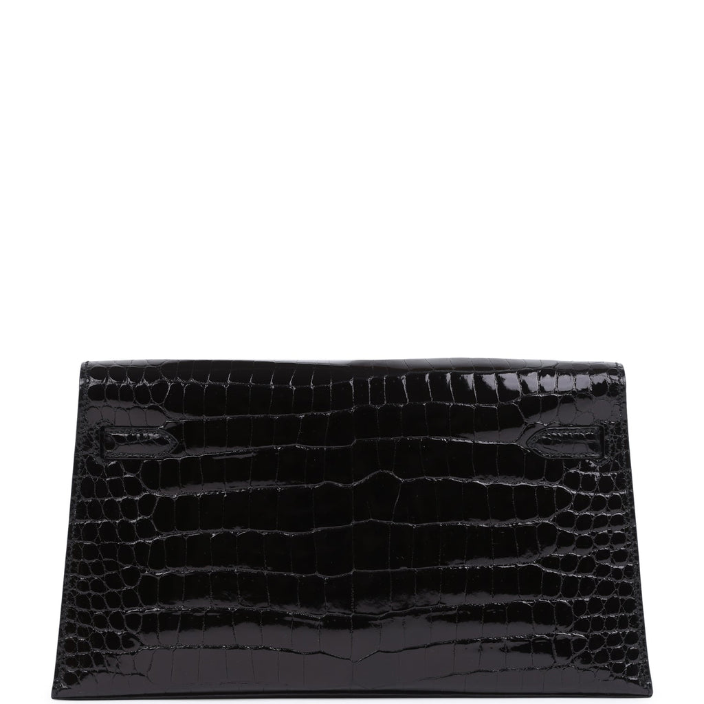 Hermes Kelly Elan Black Shiny Porosus Crocodile Palladium Hardware