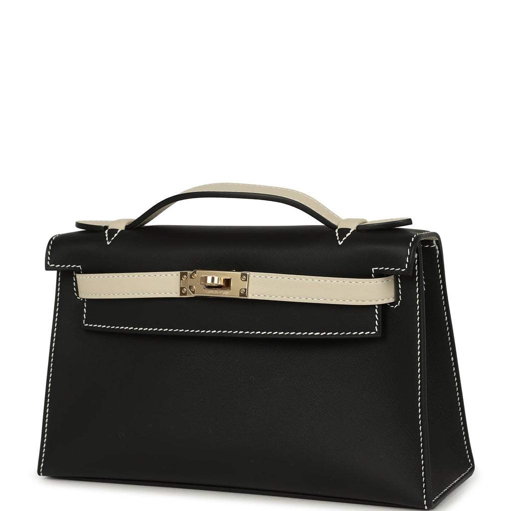 Hermes Special Order (HSS) Kelly Pochette Black and Beton Swift Permabrass Hardware