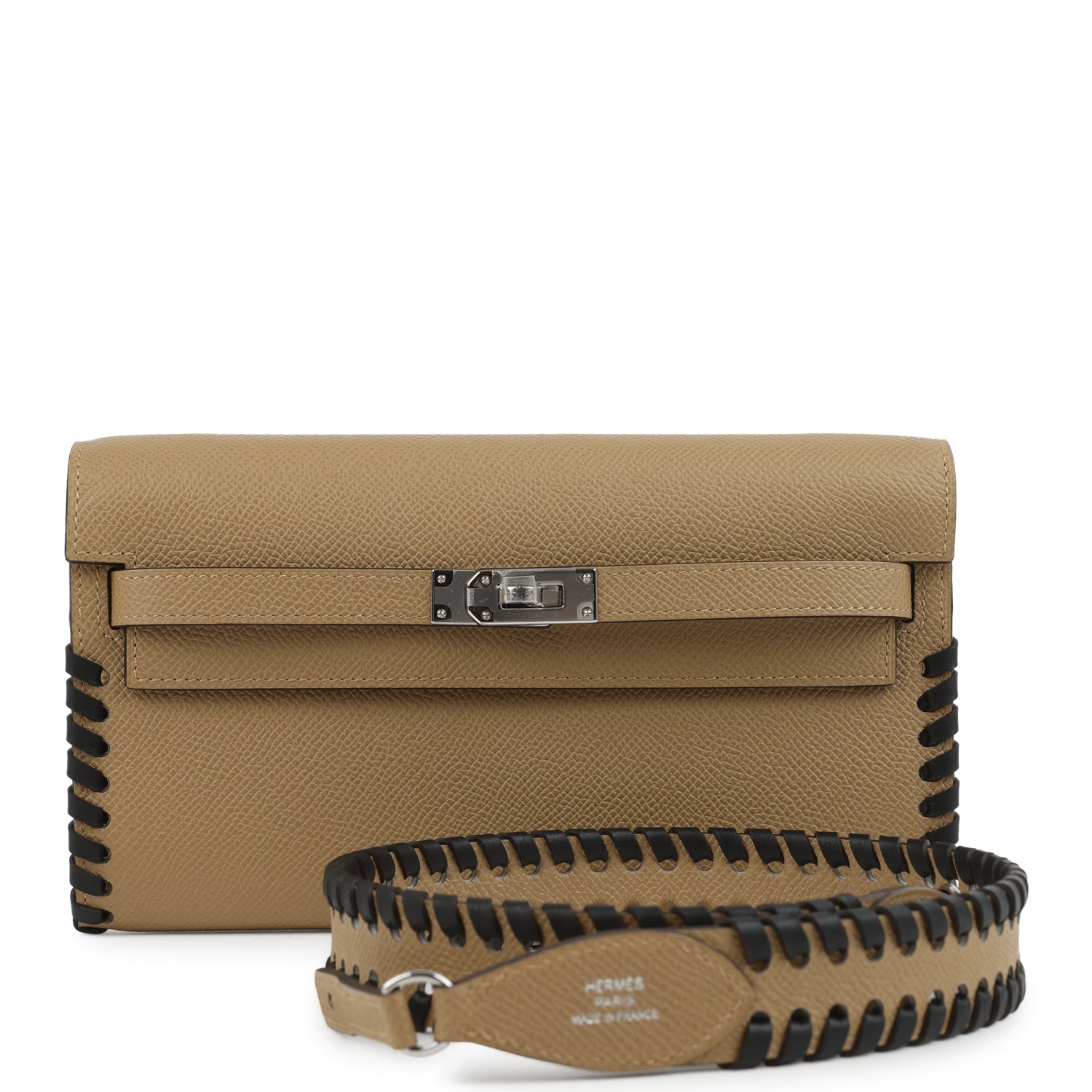 Hermes Kelly To Go Tressage Wallet Poussiere and Black Epsom Palladium Hardware