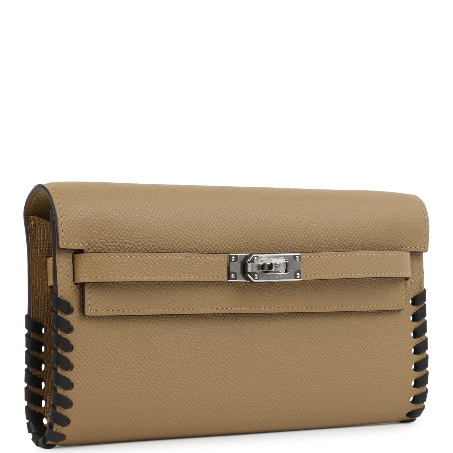 Hermes Kelly To Go Tressage Wallet Poussiere and Black Epsom Palladium Hardware