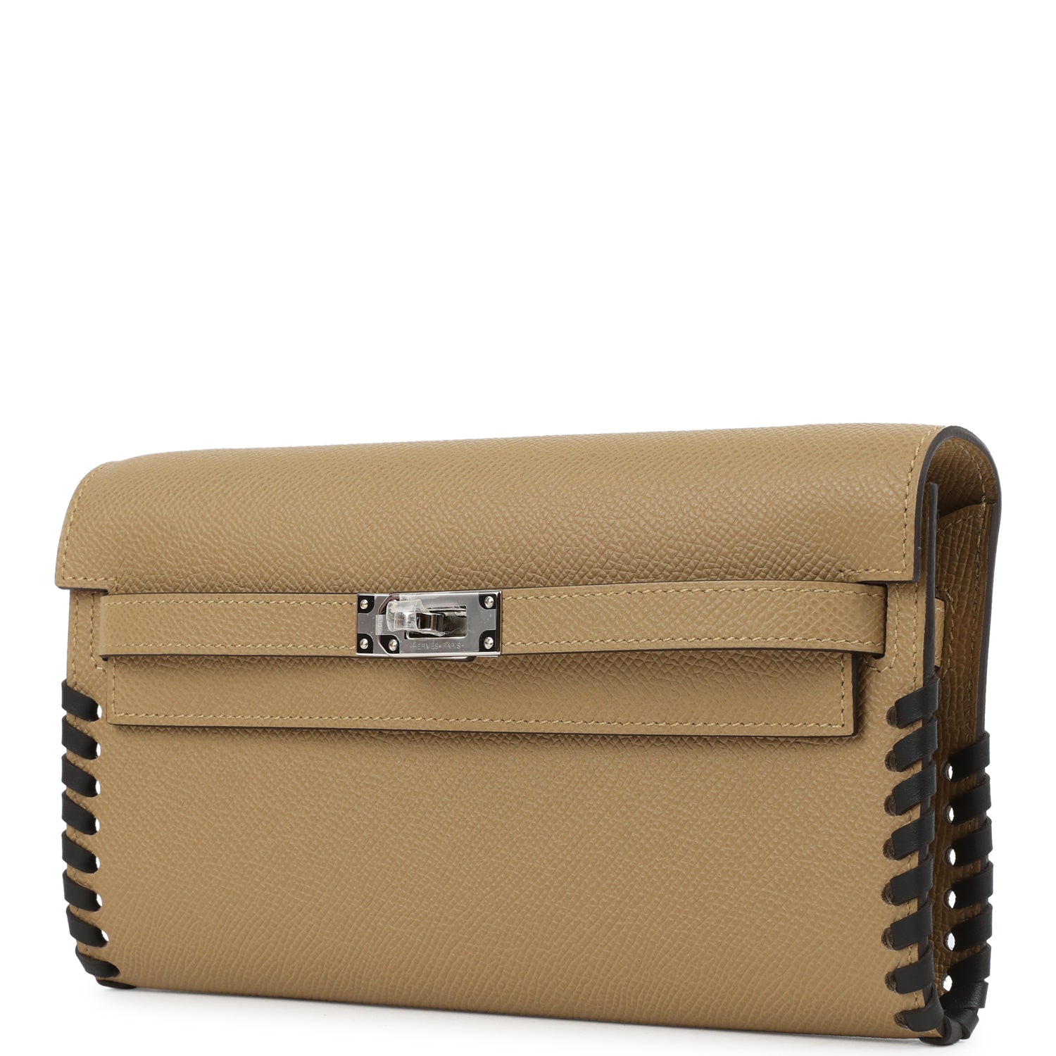 Hermes Kelly To Go Tressage Wallet Poussiere and Black Epsom Palladium Hardware