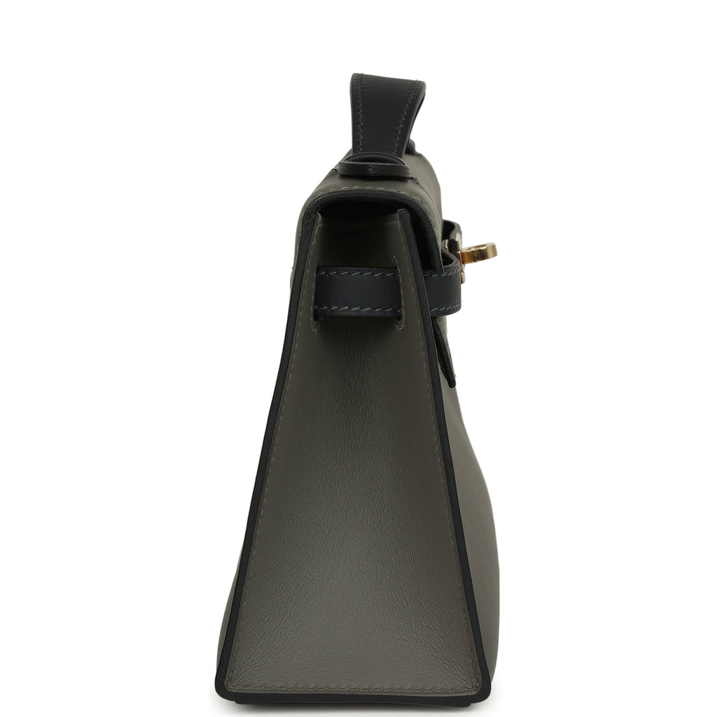 Pre-owned Hermes Special Order (HSS) Kelly Pochette Gris Meyer and Caban Swift Permabrass Hardware