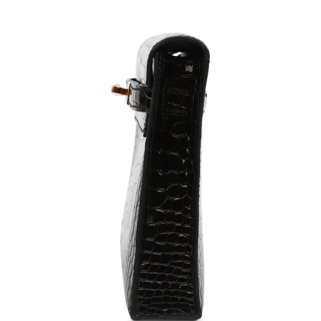 Hermes Kelly Elan Black Shiny Porosus Crocodile Gold Hardware