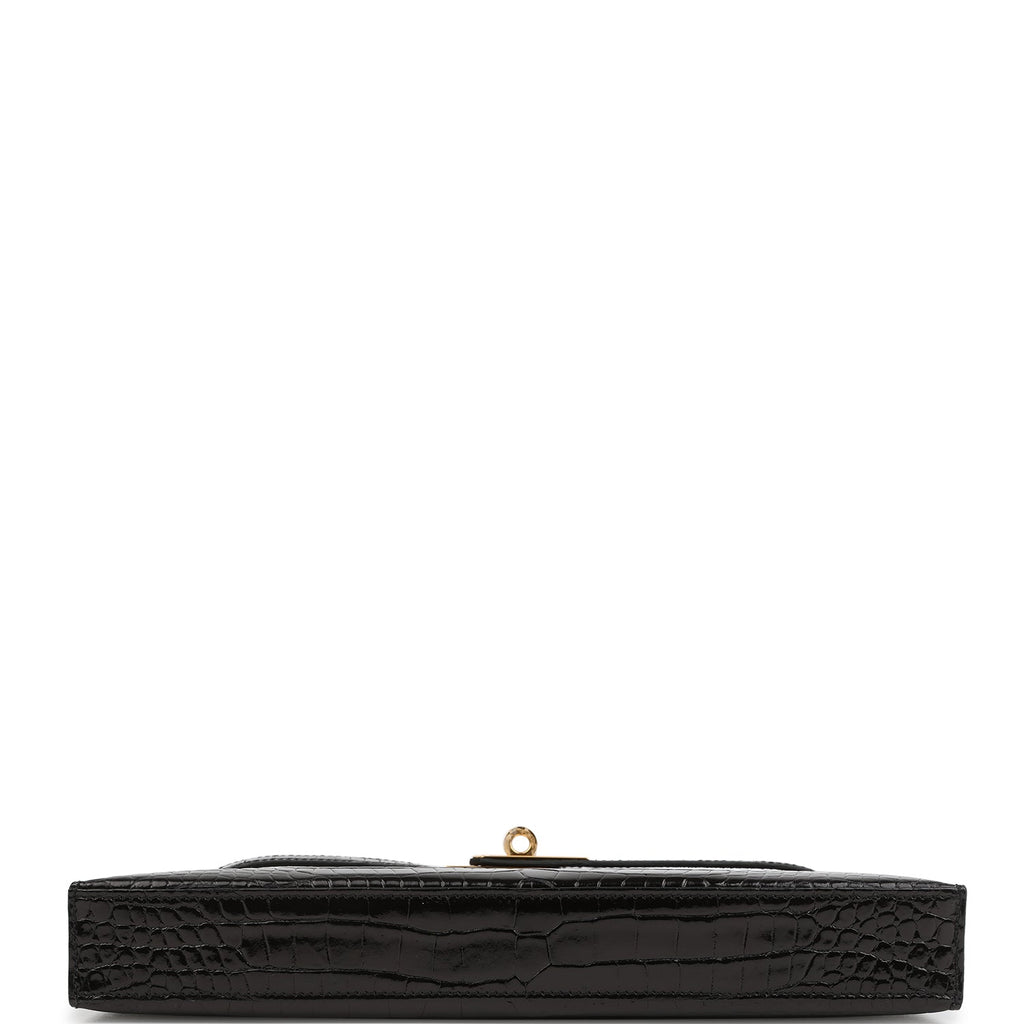 Hermes Kelly Elan Black Shiny Porosus Crocodile Gold Hardware