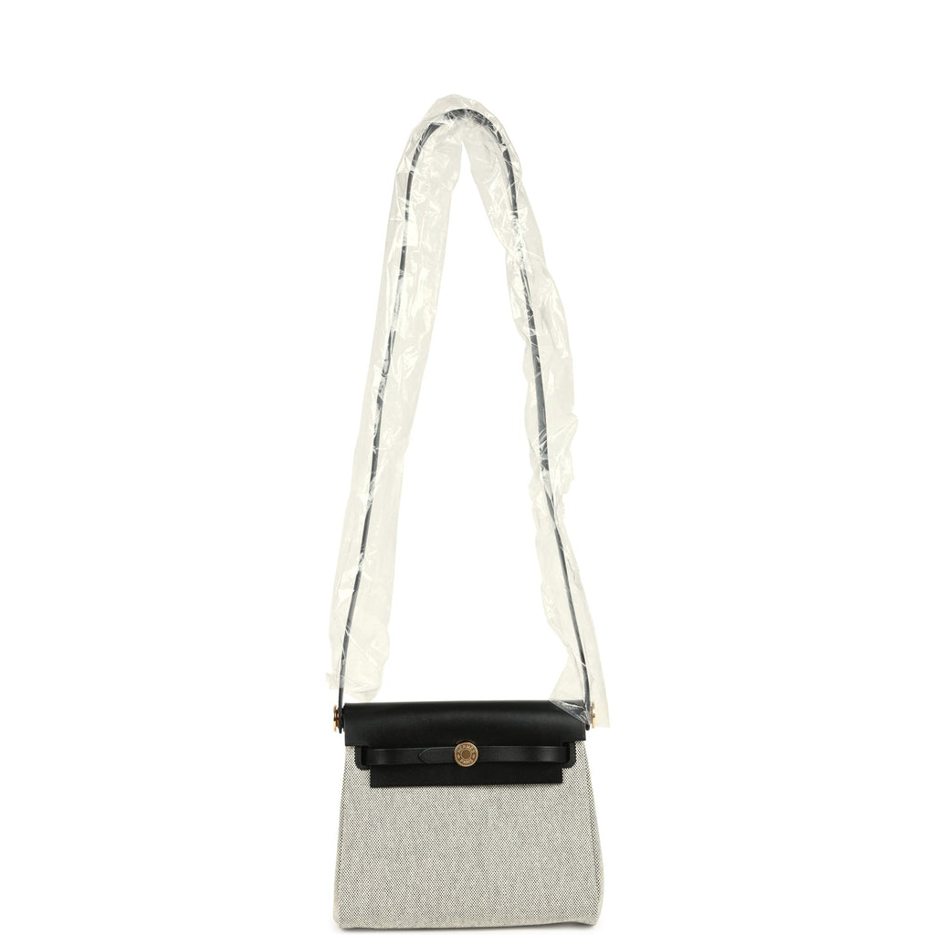 Hermes Herbag Zip 20 Mini Ecru and Black Toile H Canvas and Black Vache Hunter Gold Hardware