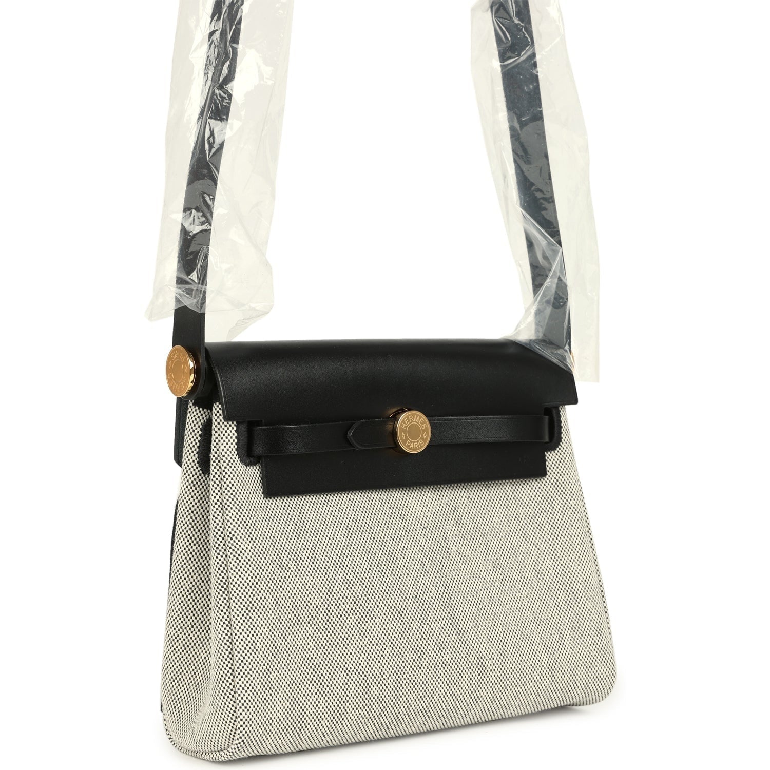 Hermes Herbag Zip 20 Mini Ecru and Black Toile H Canvas and Black Vache Hunter Gold Hardware