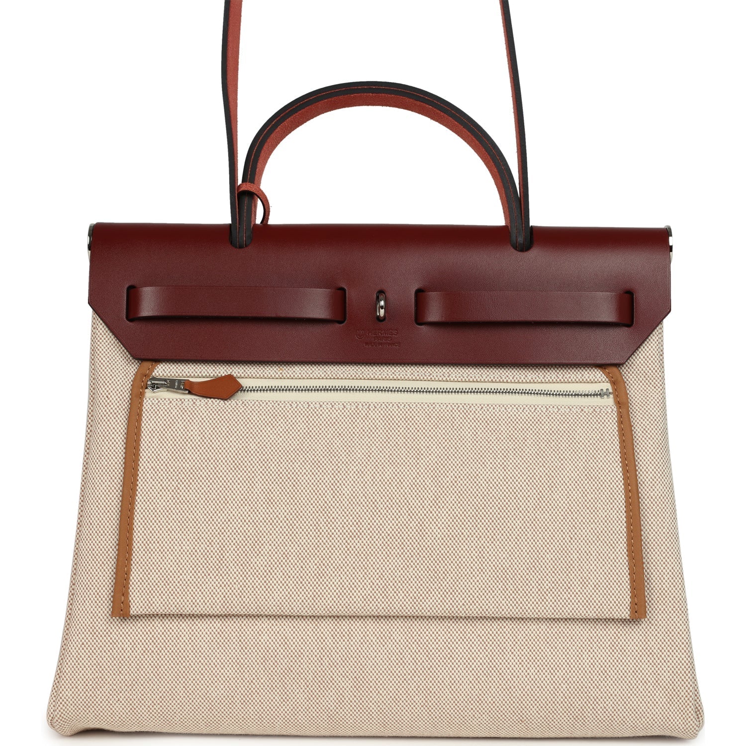 Hermes Special Order (HSS) Herbag Zip PM 31 "Brides de Gala" Rouge H Vache Hunter and Ecru & Beige Toile H Canvas Palladium Hardware