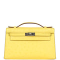 Hermes Kelly Pochette Jaune Citron Ostrich Palladium Hardware