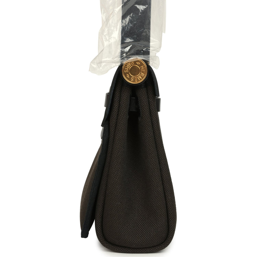 Hermes Herbag Zip 20 Mini Dark Bronze Toile Militaire Canvas and Black Vache Hunter Gold Hardware