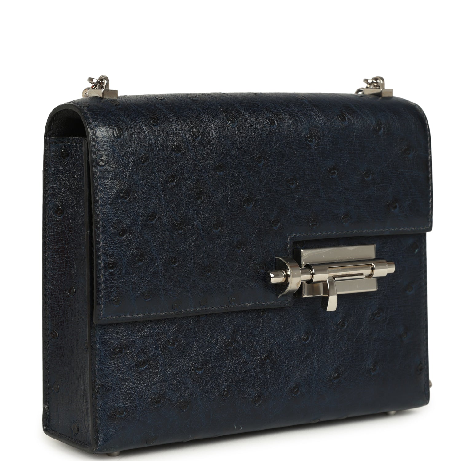 Pre-owned Hermes Mini Verrou Chaine Bag Bleu Iris Ostrich Palladium Hardware