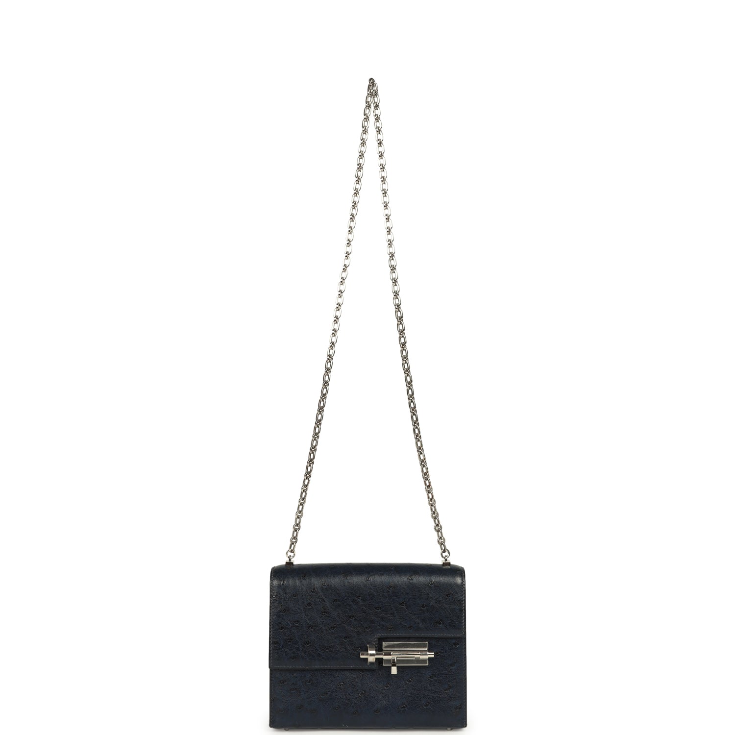 Pre-owned Hermes Mini Verrou Chaine Bag Bleu Iris Ostrich Palladium Hardware