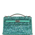 Custom "Aquamarine" Swarovski Crystal Pre-owned Hermes Kelly Pochette Lagon Swift Palladium Hardware