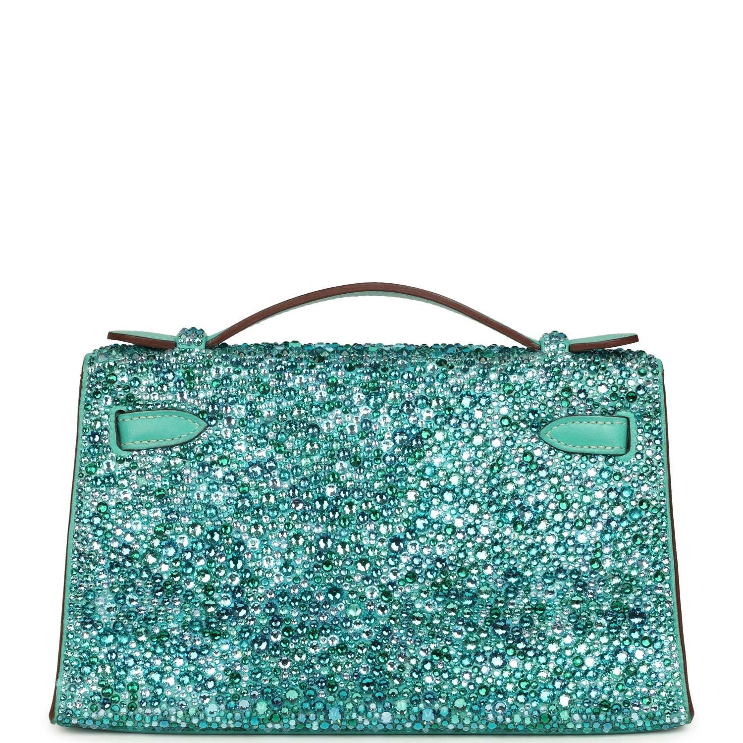 Custom "Aquamarine" Swarovski Crystal Pre-owned Hermes Kelly Pochette Lagon Swift Palladium Hardware
