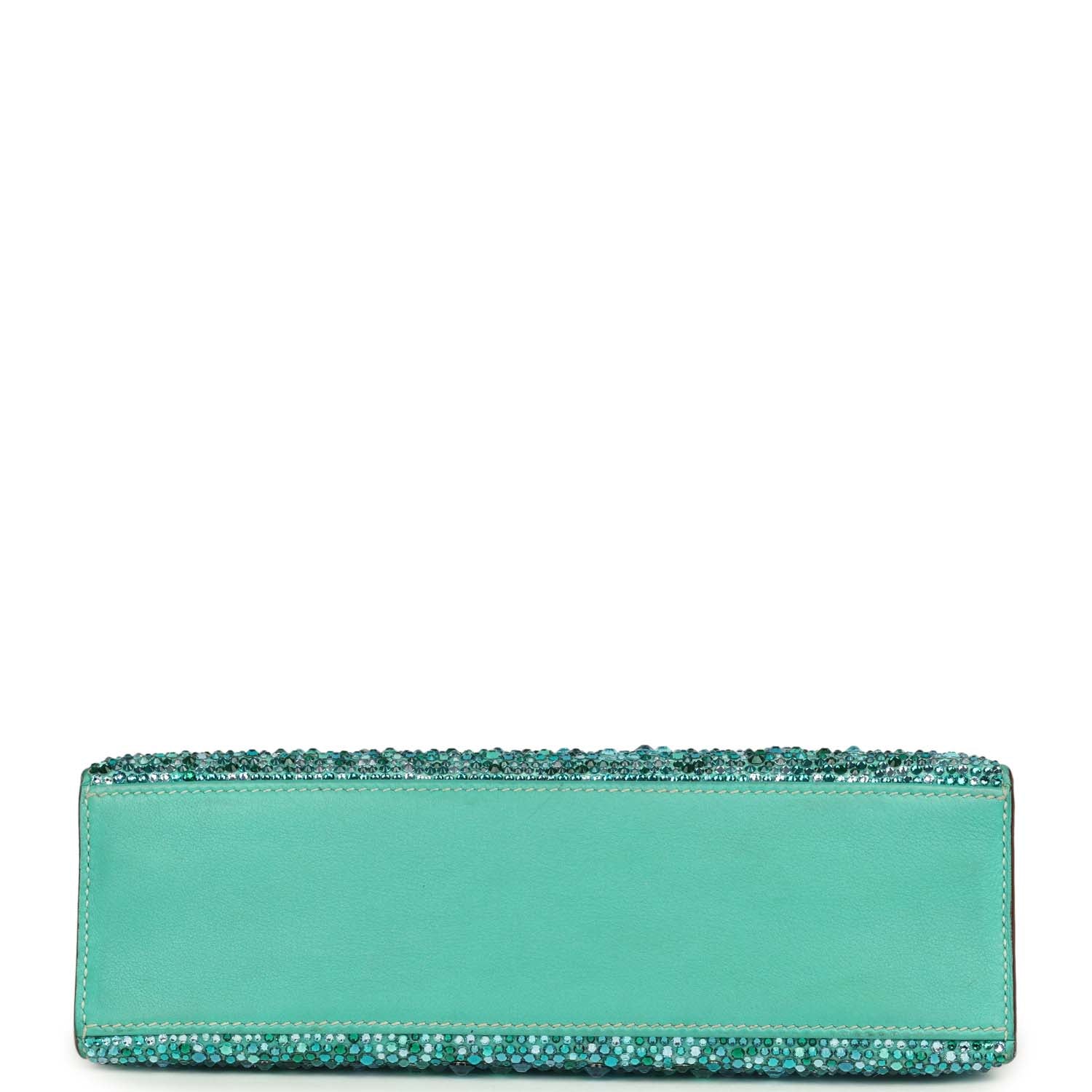 Custom "Aquamarine" Swarovski Crystal Pre-owned Hermes Kelly Pochette Lagon Swift Palladium Hardware