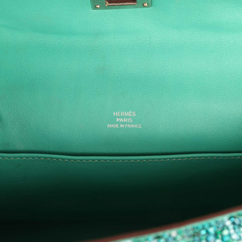 Custom "Aquamarine" Swarovski Crystal Pre-owned Hermes Kelly Pochette Lagon Swift Palladium Hardware