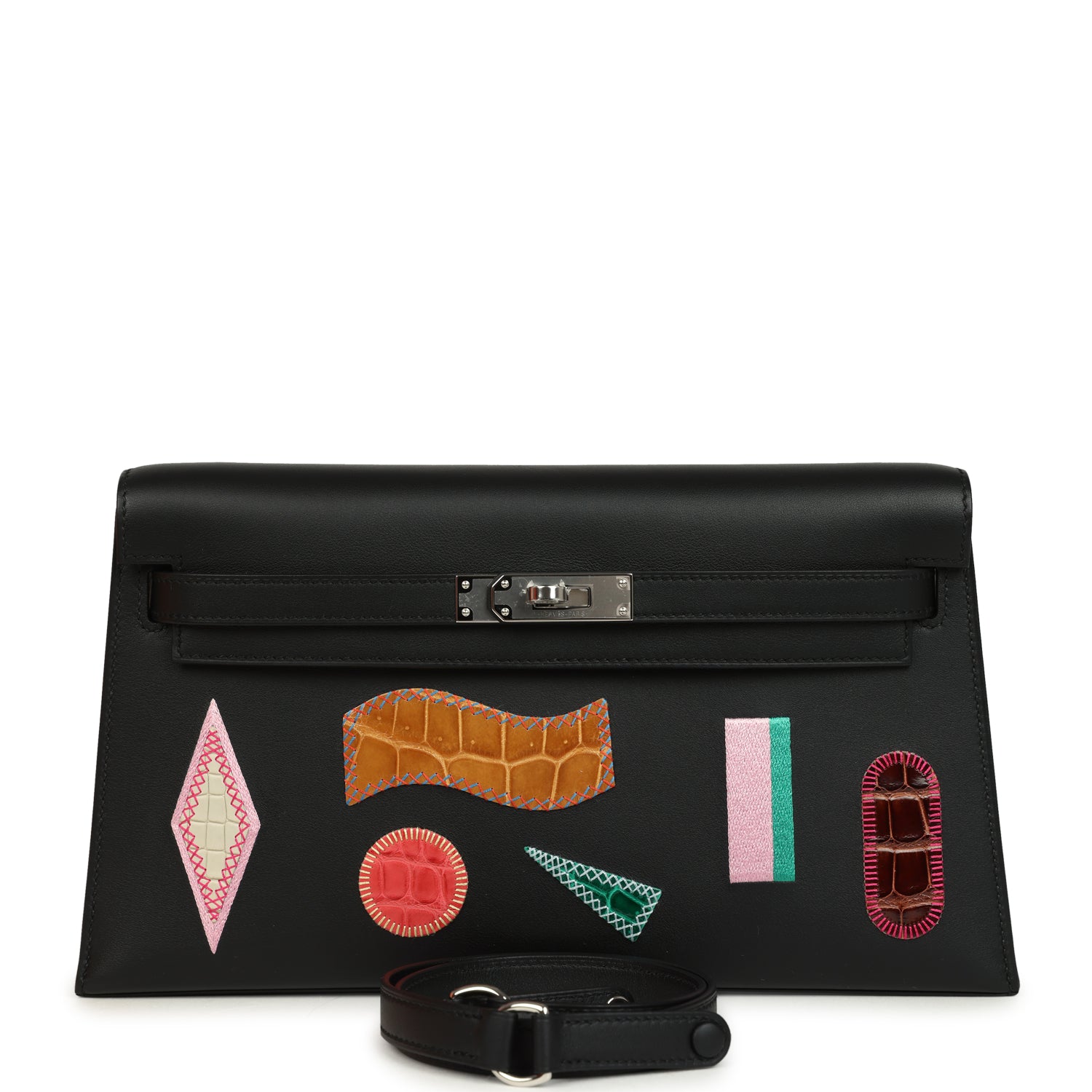 Hermes Kelly Elan Broderie Black Bet-Tab Swift, Niloticus Crocodile and Alligator Palladium Hardware