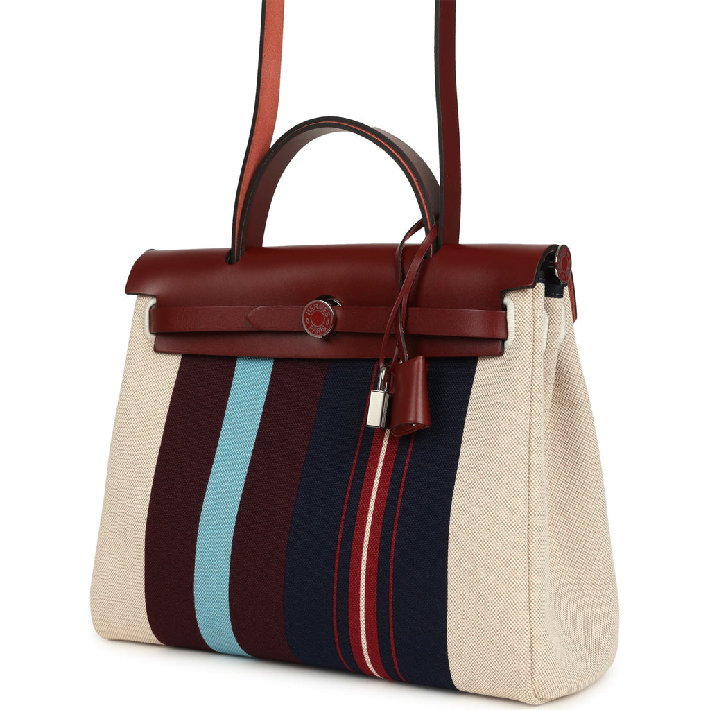 Hermes Special Order (HSS) Herbag Zip PM 31 "Striped" Rouge H Vache Hunter, Ecru, Bleu, Bordeaux and Beige Toile H Canvas Lacquered Palladium Hardware