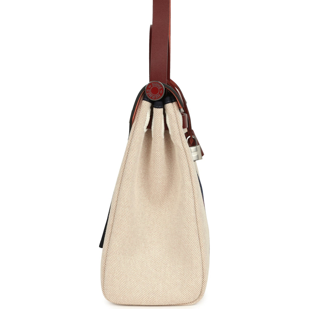 Hermes Special Order (HSS) Herbag Zip PM 31 "Striped" Rouge H Vache Hunter, Ecru, Bleu, Bordeaux and Beige Toile H Canvas Lacquered Palladium Hardware