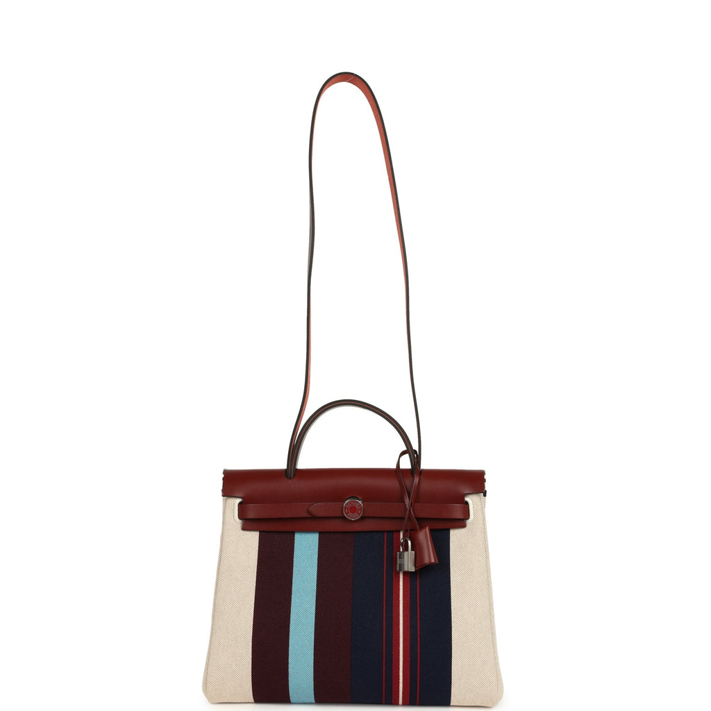 Hermes Special Order (HSS) Herbag Zip PM 31 "Striped" Rouge H Vache Hunter, Ecru, Bleu, Bordeaux and Beige Toile H Canvas Lacquered Palladium Hardware