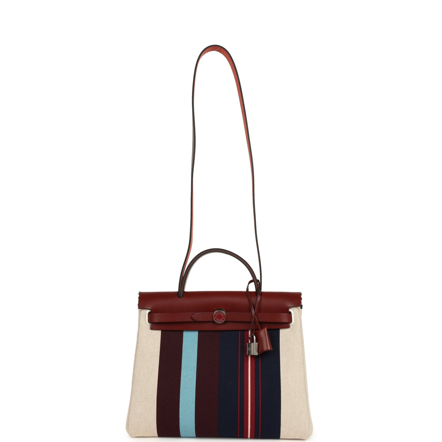 Hermes Special Order (HSS) Herbag Zip PM 31 "Striped" Rouge H Vache Hunter, Ecru, Bleu, Bordeaux and Beige Toile H Canvas Lacquered Palladium Hardware