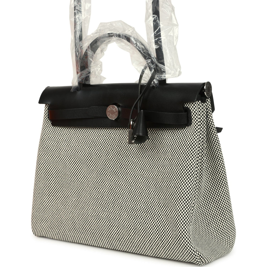 Hermes Herbag Zip PM 31 Black Vache Hunter and Ecru-Black Criss Viking Canvas Palladium Hardware