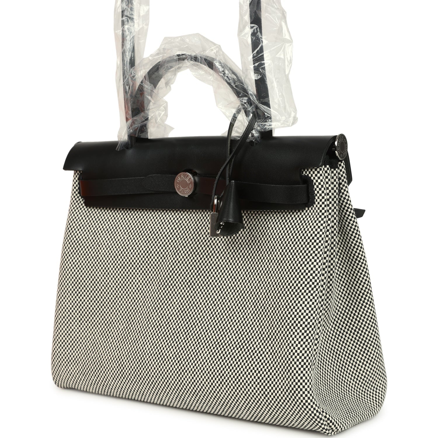 Hermes Herbag Zip PM 31 Black Vache Hunter and Ecru-Black Criss Viking Canvas Palladium Hardware
