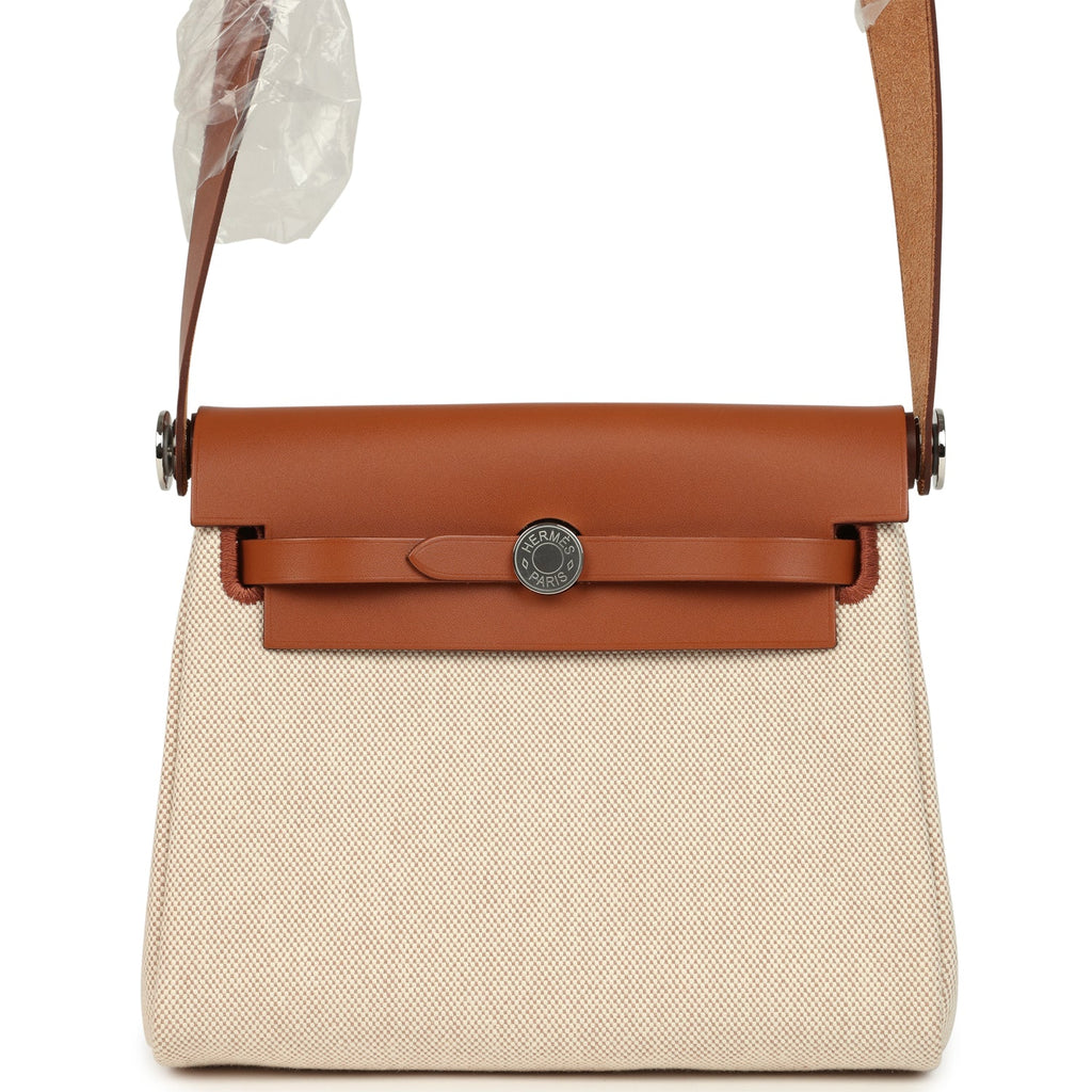 Hermes Herbag Zip 20 Mini Ecru and Beige Toile H Canvas and Fauve Vache Hunter Palladium Hardware
