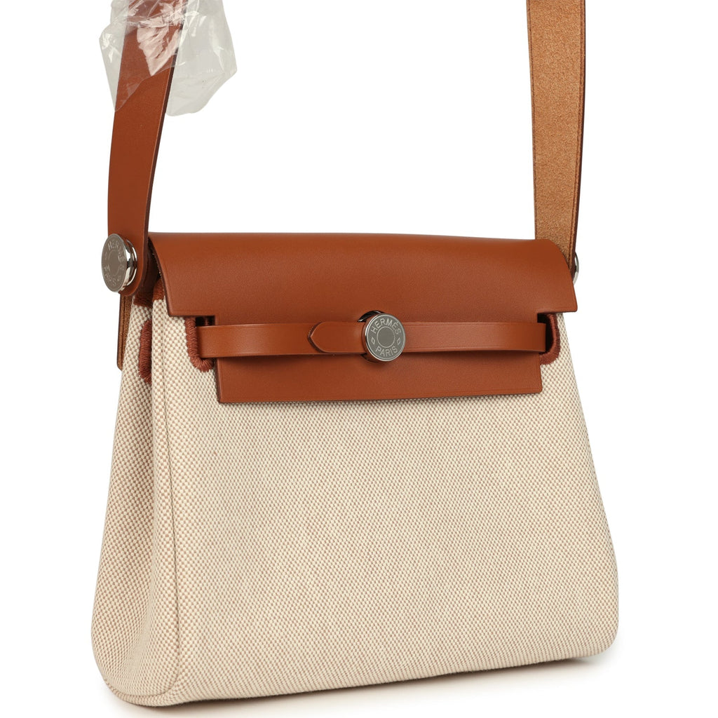 Hermes Herbag Zip 20 Mini Ecru and Beige Toile H Canvas and Fauve Vache Hunter Palladium Hardware