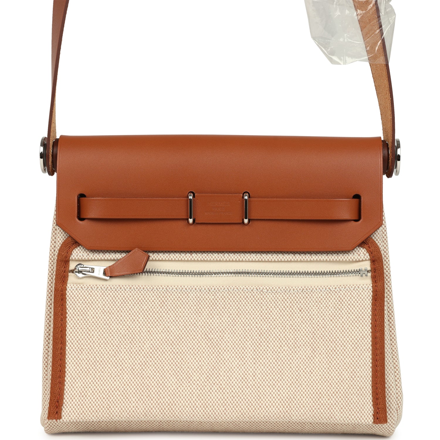 Hermes Herbag Zip 20 Mini Ecru and Beige Toile H Canvas and Fauve Vache Hunter Palladium Hardware