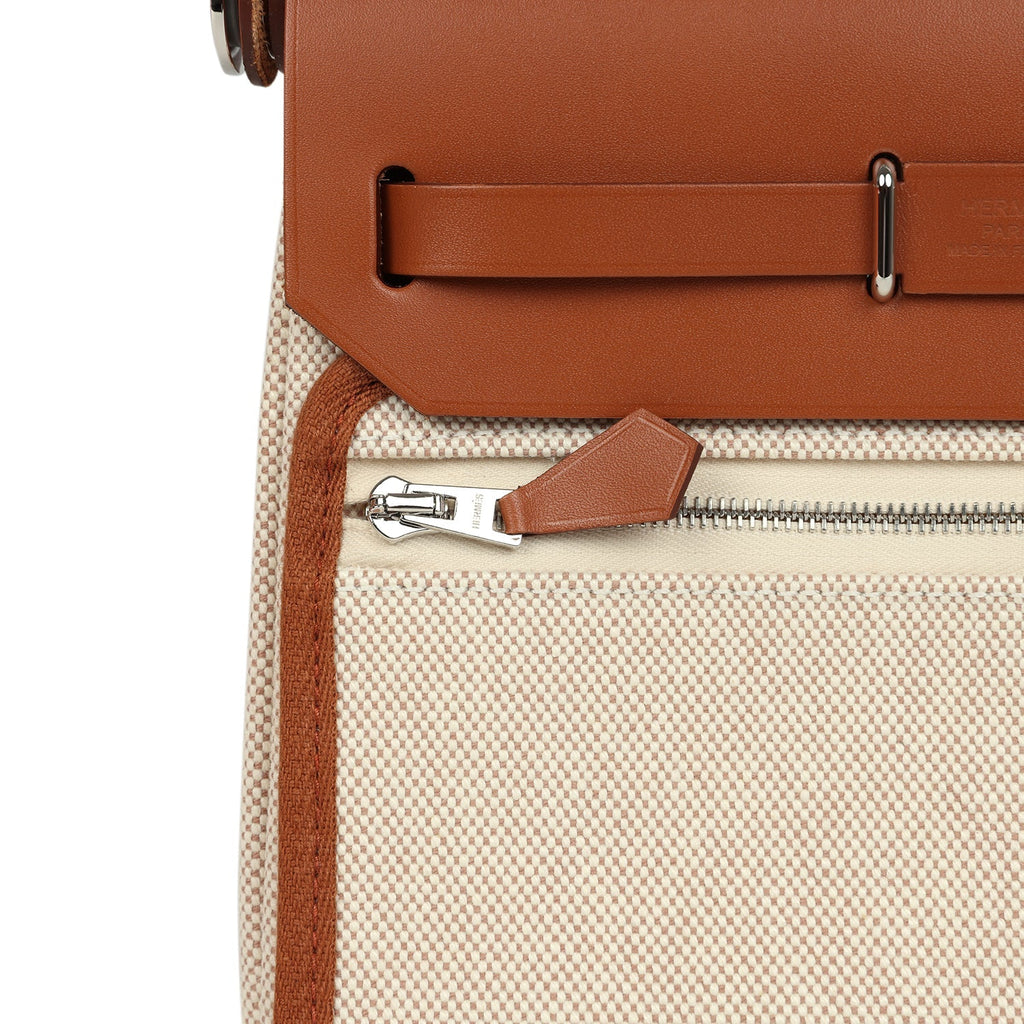 Hermes Herbag Zip 20 Mini Ecru and Beige Toile H Canvas and Fauve Vache Hunter Palladium Hardware