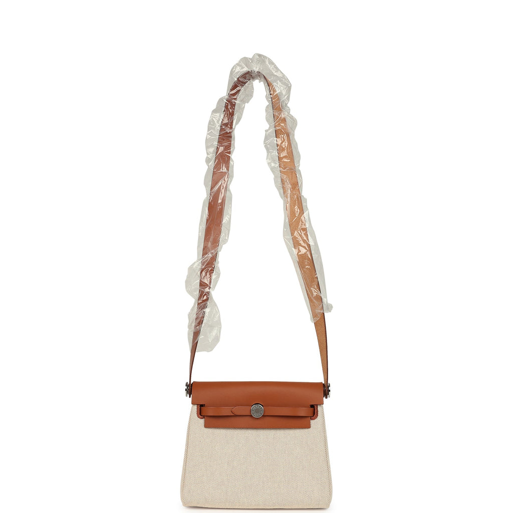 Hermes Herbag Zip 20 Mini Ecru and Beige Toile H Canvas and Fauve Vache Hunter Palladium Hardware