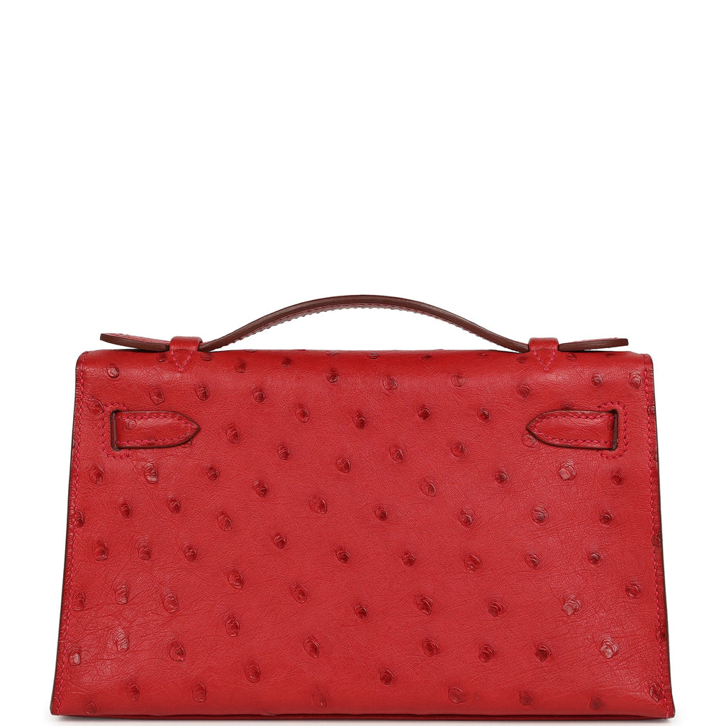Pre-owned Hermes Kelly Pochette Rouge Vif Ostrich Gold Hardware