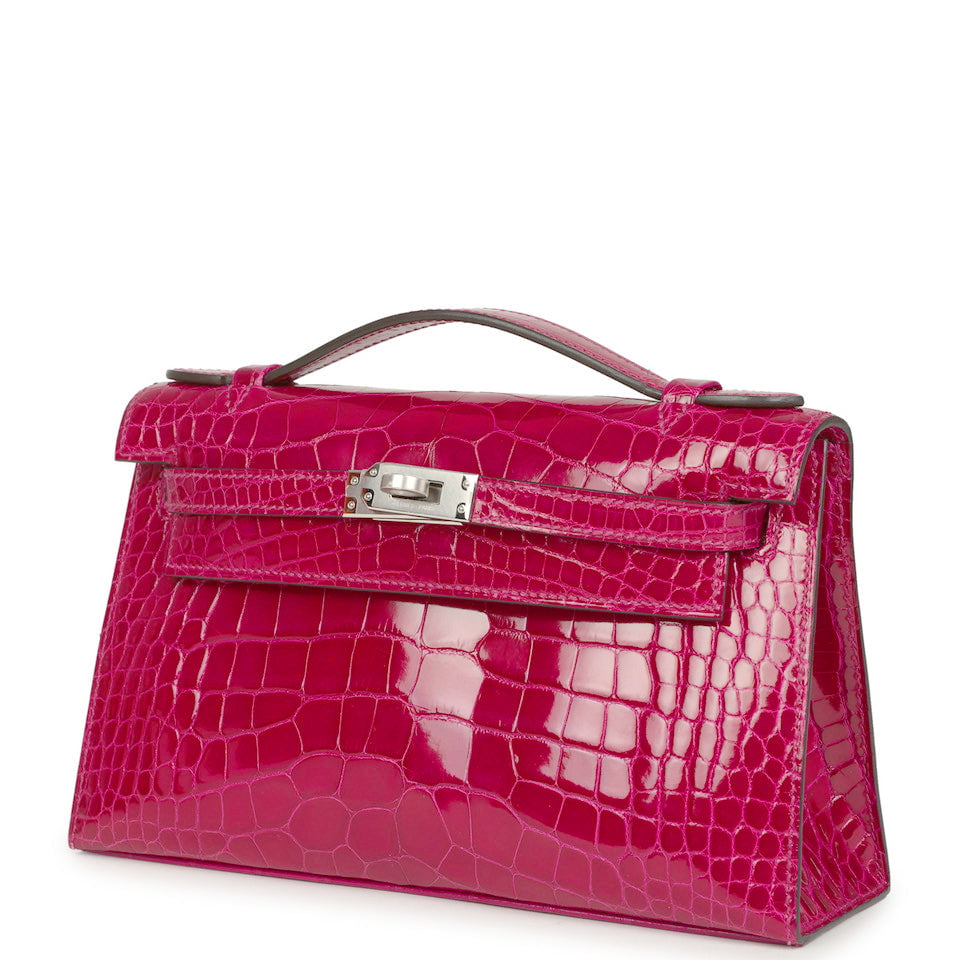 Hermes Kelly Pochette Rose Pourpre Shiny Alligator Palladium Hardware