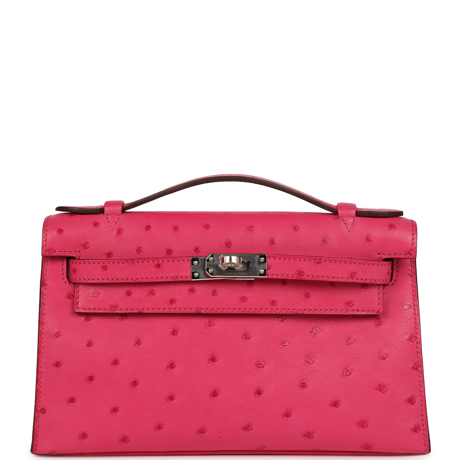 Hermes Kelly Pochette Rose Tyrien Ostrich Palladium Hardware