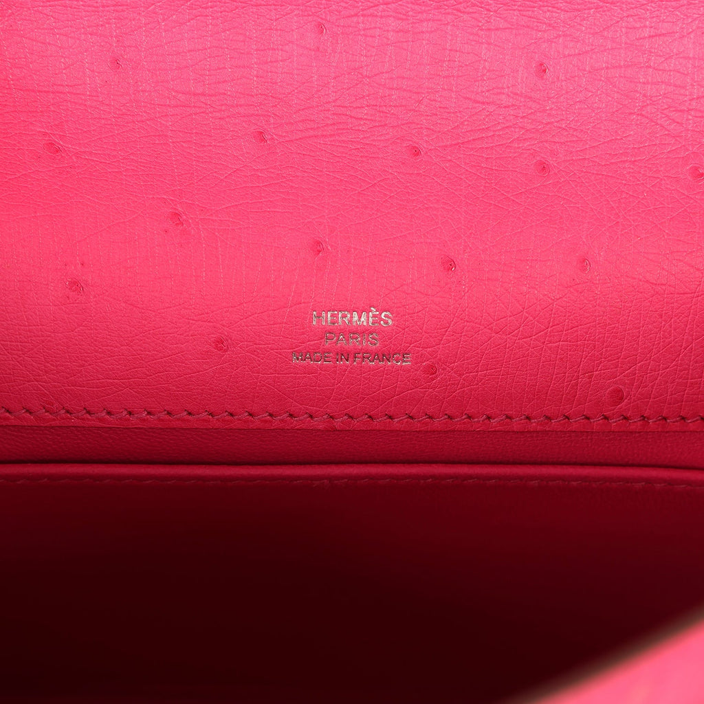 Hermes Kelly Pochette Rose Tyrien Ostrich Palladium Hardware