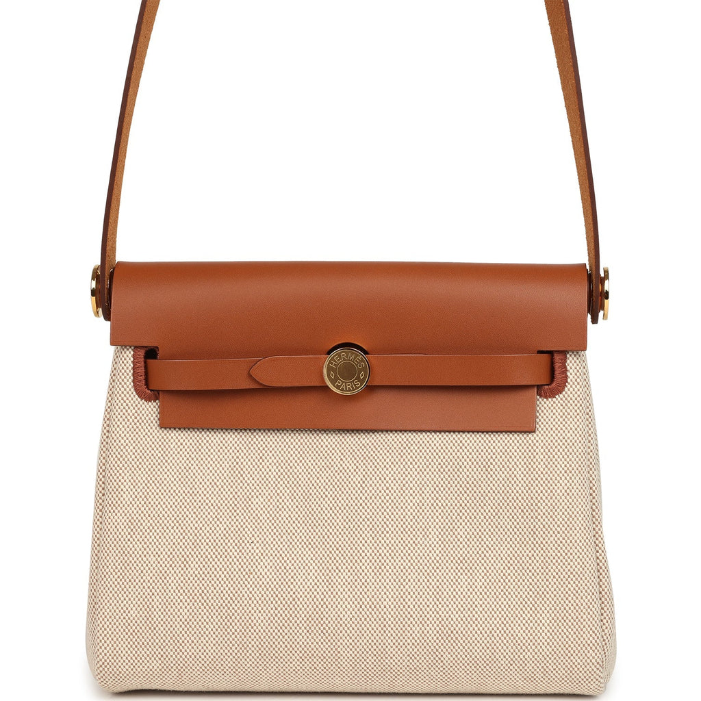 Hermes Herbag Zip 20 Mini Ecru and Beige Toile H Canvas and Fauve Vache Hunter Gold Hardware
