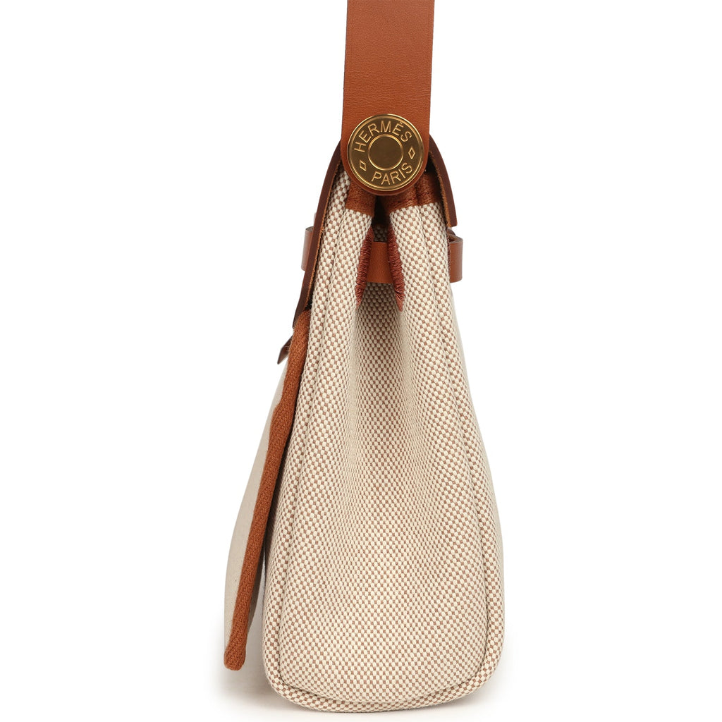 Hermes Herbag Zip 20 Mini Ecru and Beige Toile H Canvas and Fauve Vache Hunter Gold Hardware