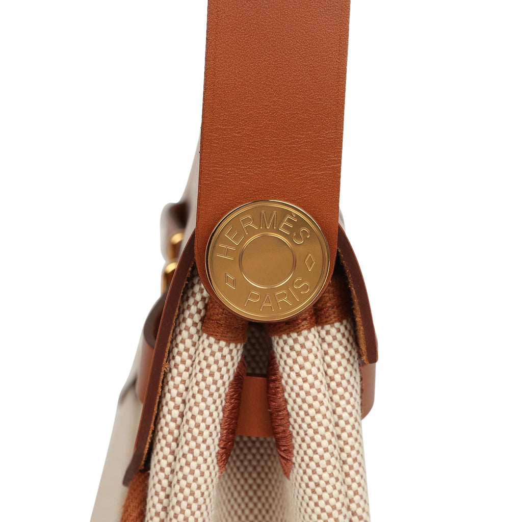 Hermes Herbag Zip 20 Mini Ecru and Beige Toile H Canvas and Fauve Vache Hunter Gold Hardware